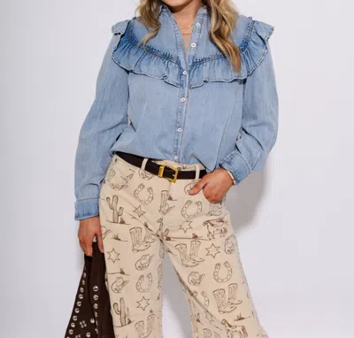 Eesome Snow Washed Denim Ruffle Top In Blue