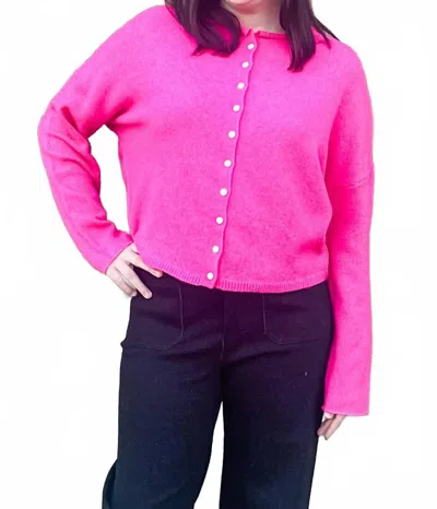 Eesome Solid Button Down Long Sleeve Cardigan In Hot Pink