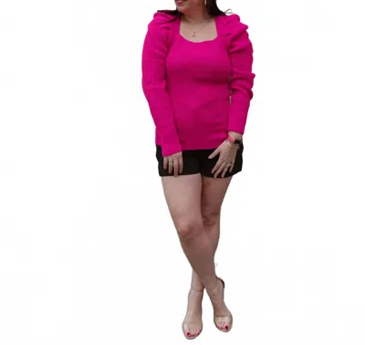 Eesome Square Neck Puff Sleeve Ribbed Knit Sweater In Pink In Purple