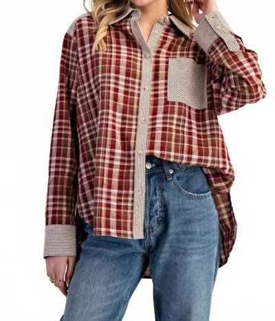 Eesome Striped Color Block Shirt In Red Plaid In Brown