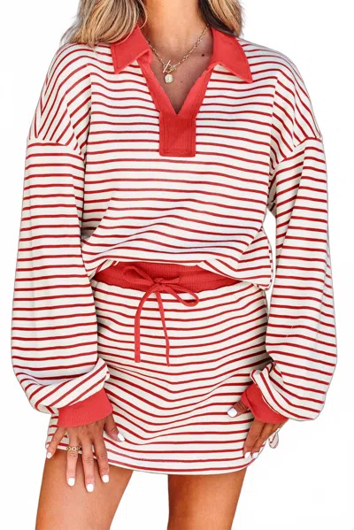 EESOME STRIPED LONG SLEEVE CROPPED PULLOVER IN CHERRY RED