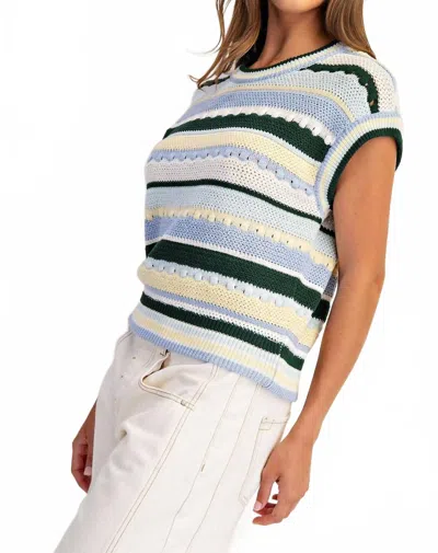 Eesome Striped Round Neck Cap Sleeve Sweater Top In Blue