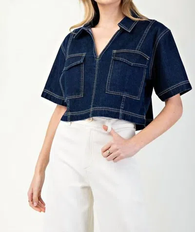 Eesome Stylish Intentions V Neck Cropped Short Sleeve Top In Denim In Blue
