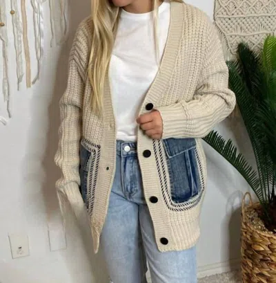 Eesome Sweater With Denim Pockets & Accents In Oatmeal
