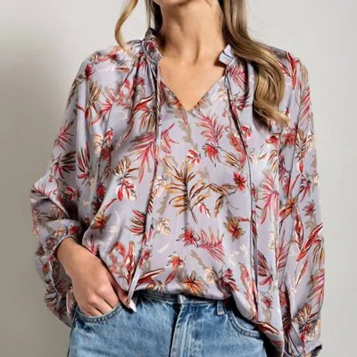 Eesome The Golden Hour Floral Ruffle Neck Top In Dove Grey In Gray