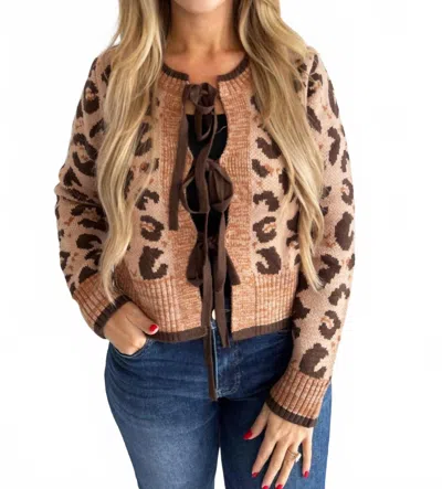 Eesome Tie Front Long Sleeve Cardigan In Leopard In Brown