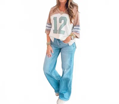 Eesome Varisty 12 Jersey Top In White & Brown