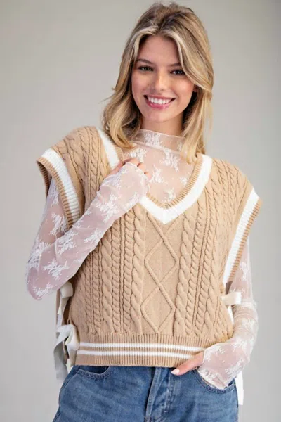 Eesome V-neck Side-tie Cable Knit Sleeveless Western Sweater Vest In Beige In Sand