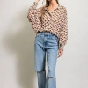 EESOME WOMEN'S GEOMETRIC PRINTED BUTTON DOWN BUBBLE SLEEVE TOP