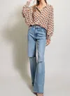 Eesome Women's Geometric Printed Button Down Bubble Sleeve Top In Terracotta In Multi