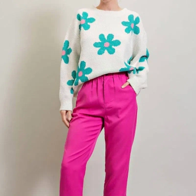 Eesome Women's Sweater With Teal And Pink All Over Floral Print In Off White