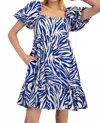 Eesome Zebra Print Puff Sleeve Mini Dress In Blue In Blue