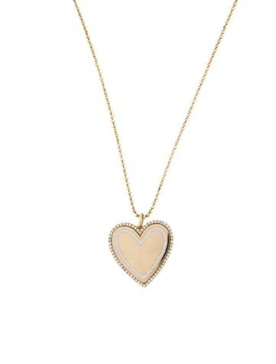 Pre-owned Ef Collection 14k Diamond Enamel Heart Pendant Necklace, 18" In White
