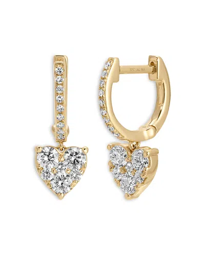 Ef Collection 14k Yellow Gold Diamond Heart Cluster Dangle Hoop Earrings