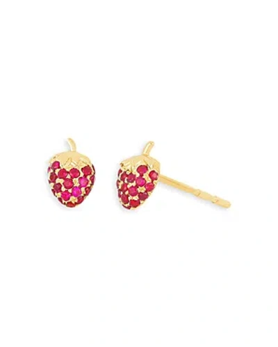 Ef Collection 14k Yellow Gold Ruby Pave Strawberry Stud Earrings
