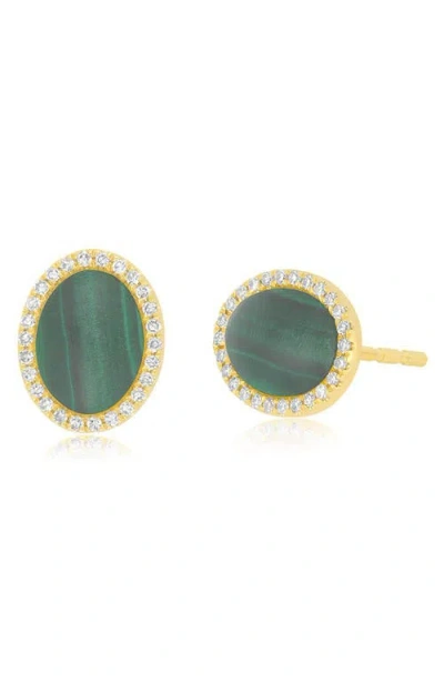 Ef Collection Malachite Cabochon & Diamond Halo Stud Earrings In Yellow Gold