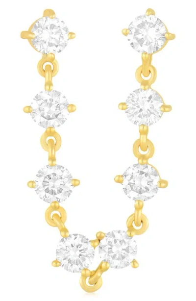 Ef Collection Single Diamond Double Stud Chain Drop Earring In 14k Yellow Gold/diamond