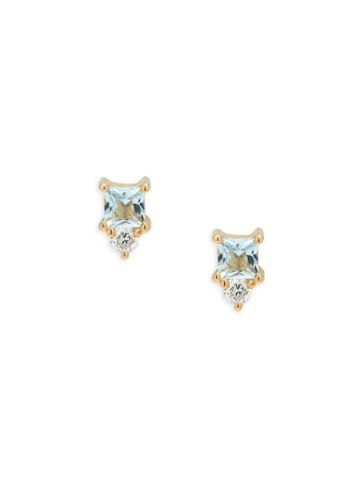 Ef Collection Women's 14k Yellow Gold, Aquamarine & Diamond Mini Stud Earrings