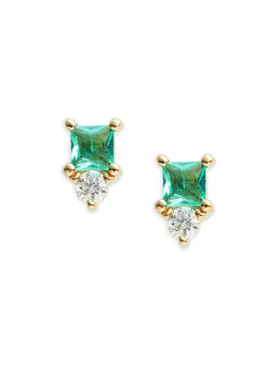 Ef Collection Women's 14k Yellow Gold, Emerald & Diamond Stud Earrings