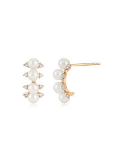 Ef Collection Women's Core 14k Rose Gold, 3mm Pearl & Diamond Arc Stud Earrings
