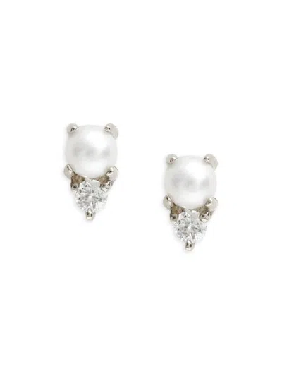 Ef Collection Women's Core 14k White Gold, 1mm Freshwater Pearl & Diamond Birthstone Stud Earrings