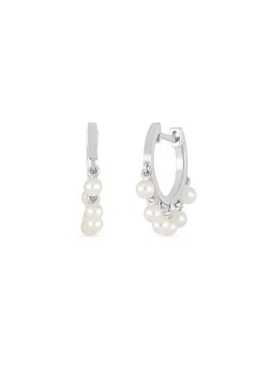 Ef Collection Women's Core 14k White Gold & 3mm Round Pearl Shimmy Huggie Earrings