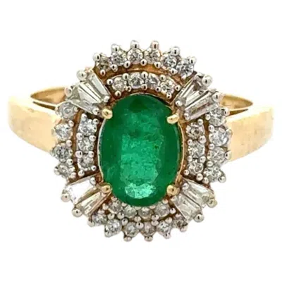 Pre-owned Effy 1.30 Carat Oval Emerald And Diamond Gold Vintage  Designer Halo Ring In Green
