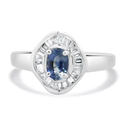 Pre-owned Effy 14 Karat White Gold Sapphire And Baguette Diamond Halo Ring