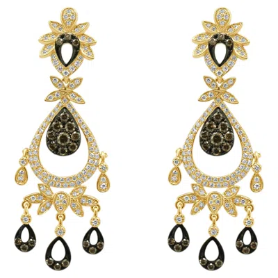 Pre-owned Effy 14 Karat Yellow Gold Brown And White Diamond Chandelier Earrings