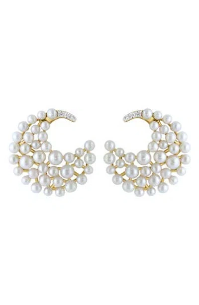 Effy 14k Gold Diamond & 2-3mm Freshwater Pearl Moon Earrings In White