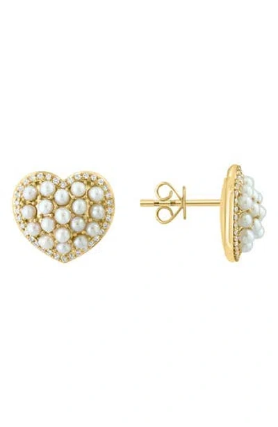Effy 14k Gold Diamond & Freshwater Pearl Heart Stud Earrings