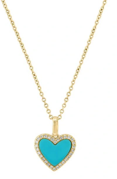 Effy 14k Gold Diamond & Turquoise Heart Pendant Necklace. In Blue