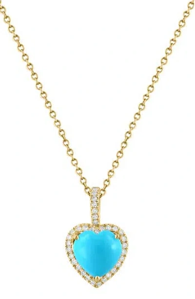 Effy 14k Gold Diamond Halo Turquoise Heart Pendant Necklace