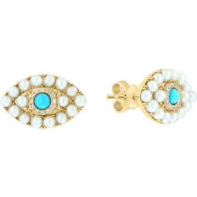 Effy 14k Gold Turquoise, Diamond And 2-3mm Freshwater Pearl Evil Eye Stud Earrings