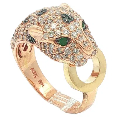 Pre-owned Effy 14k Rose & Yellow Gold Emerald & Pave Diamond Panther Wrap Band Ring
