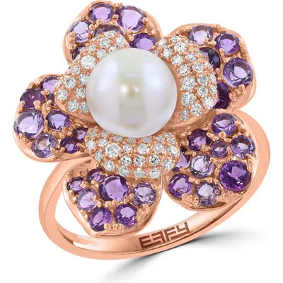 Effy 14k Rose Gold Diamond Amethyst & Fresh Water Pearl Flower Statement Ring