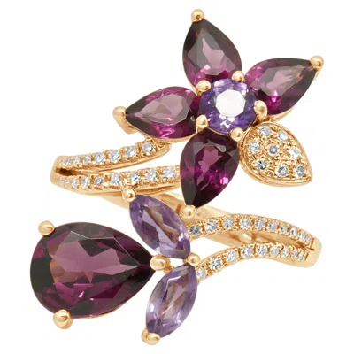 Pre-owned Effy 14k Rose Gold Rhodolite Garnet, Amethyst, And Diamond Flower Bypass Ring In Red