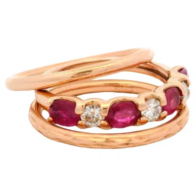 Pre-owned Effy 14k Rose Gold Ruby & Diamond Ring With Two Stackable Bands In Red