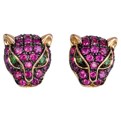 Pre-owned Effy 14k Rose Gold Ruby & Emerald Panther Stud Earrings In Red