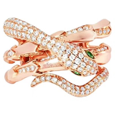 Pre-owned Effy 14k Rose Gold Snake Wraparound Emerald Diamond Ring Estate By  In Red