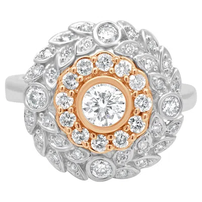 Pre-owned Effy 14k Two-tone White And Rose Gold Round Diamond Floral Cluster Ring