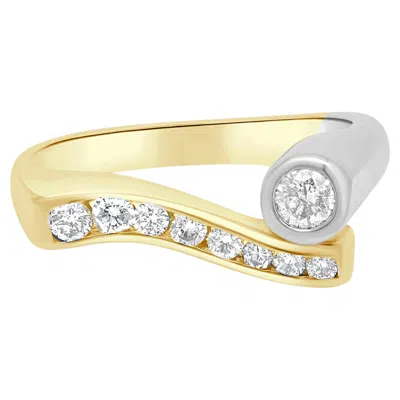 Pre-owned Effy 14k Two-tone Yellow And White Gold Round Diamond Wave Ring