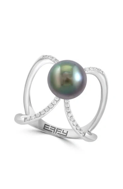 Effy 14k White Gold Crossover Diamond Floating Center Black/tahitian Pearl Ring In Metallic
