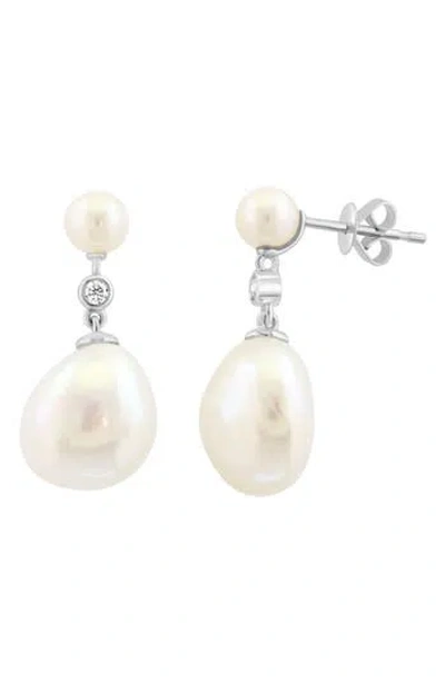 Effy 14k White Gold Diamond & Freshwater Pearl Drop Earrings In Metallic