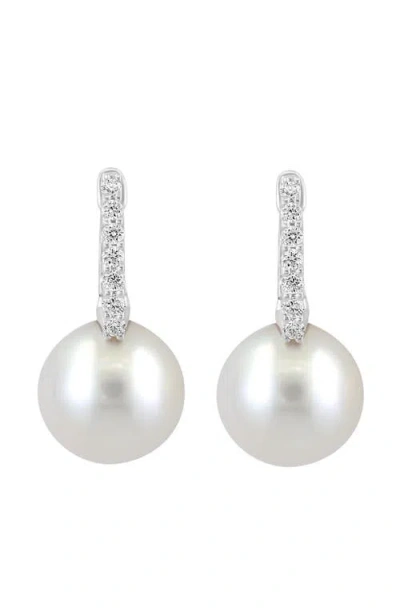 Effy 14k White Gold Diamond Fresh Water Pearl Dangle Hoop Earrings In Silver
