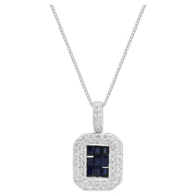 Pre-owned Effy 14k White Gold Invisible Set Blue Sapphire And Pave Diamond Necklace