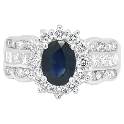 Pre-owned Effy 14k White Gold Oval Blue Sapphire And Diamond Halo 3-row Ring
