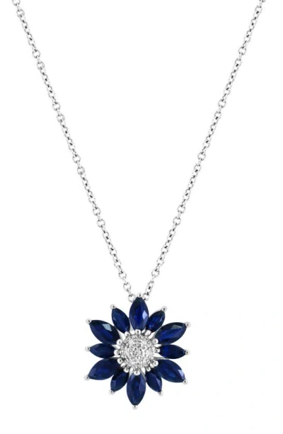 Effy 14k White Gold Pavé Diamond & Sapphire Flower Pendant Necklace In Metallic