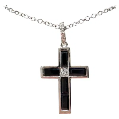 Pre-owned Effy 14k White Gold Sapphire Diamond Cross Necklace 0.78ct 18in