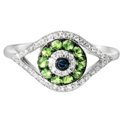 Pre-owned Effy 14k White Gold Tsavorite Diamond Evil Eye Ring Estate By